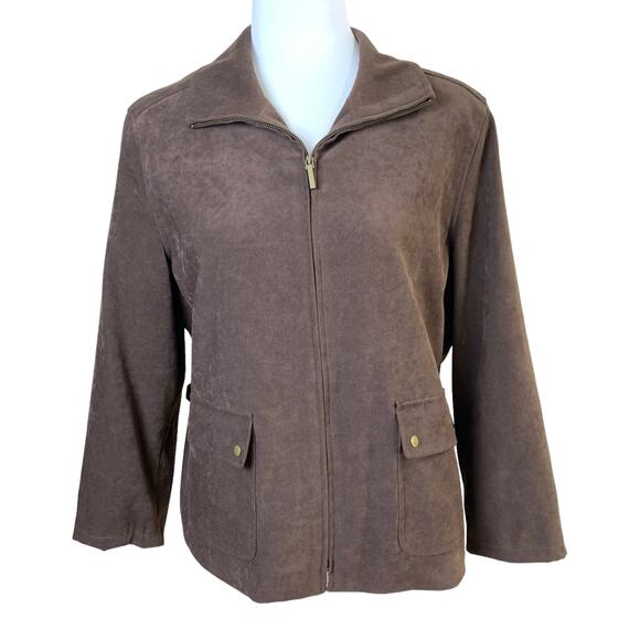 Talbots Petites Size 14P Zip Front Faux Suede Jacket Brown Lined Stretch Classic - Picture 1 of 12